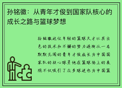 孙铭徽：从青年才俊到国家队核心的成长之路与篮球梦想
