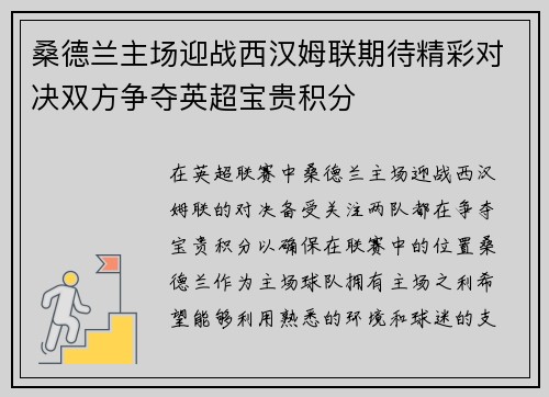 桑德兰主场迎战西汉姆联期待精彩对决双方争夺英超宝贵积分
