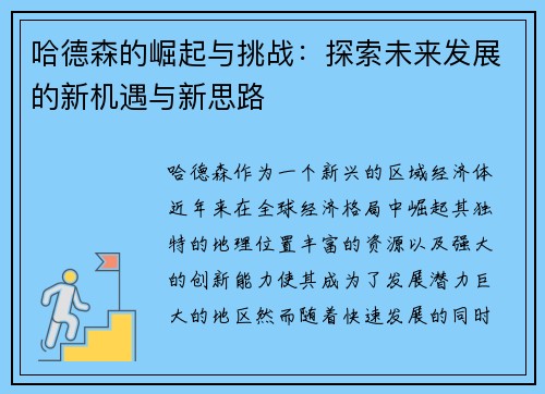 哈德森的崛起与挑战：探索未来发展的新机遇与新思路