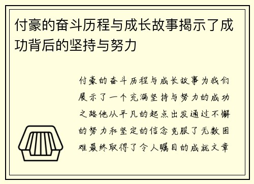 付豪的奋斗历程与成长故事揭示了成功背后的坚持与努力