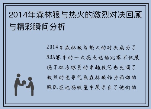 2014年森林狼与热火的激烈对决回顾与精彩瞬间分析