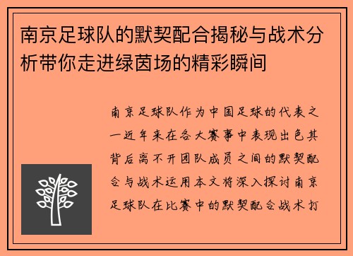 南京足球队的默契配合揭秘与战术分析带你走进绿茵场的精彩瞬间