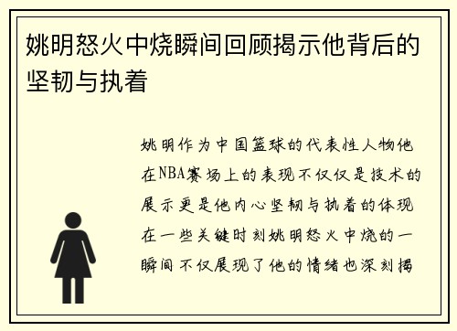 姚明怒火中烧瞬间回顾揭示他背后的坚韧与执着