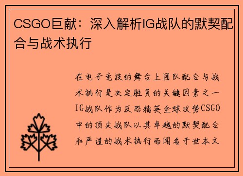 CSGO巨献：深入解析IG战队的默契配合与战术执行