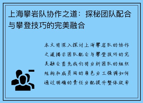 上海攀岩队协作之道：探秘团队配合与攀登技巧的完美融合