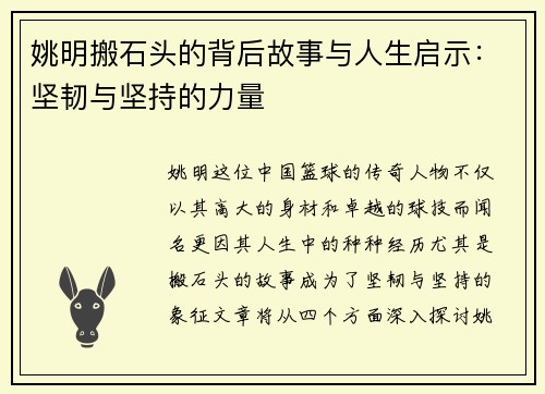 姚明搬石头的背后故事与人生启示：坚韧与坚持的力量
