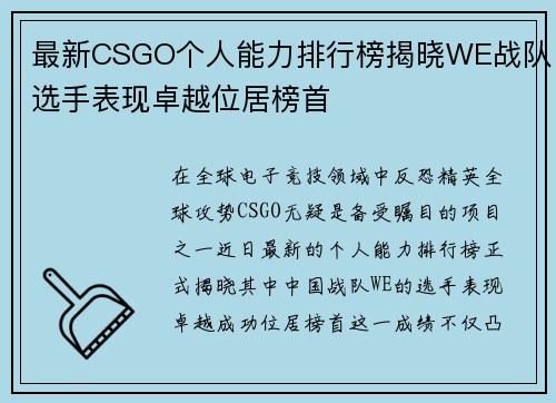 最新CSGO个人能力排行榜揭晓WE战队选手表现卓越位居榜首