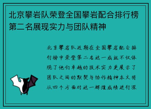北京攀岩队荣登全国攀岩配合排行榜第二名展现实力与团队精神