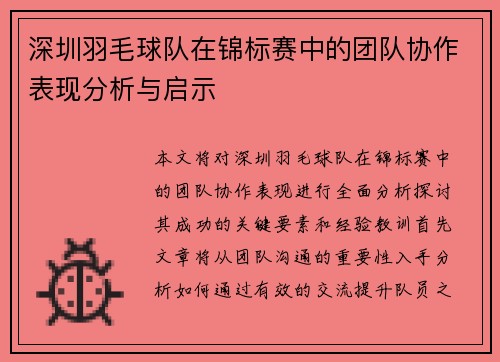深圳羽毛球队在锦标赛中的团队协作表现分析与启示
